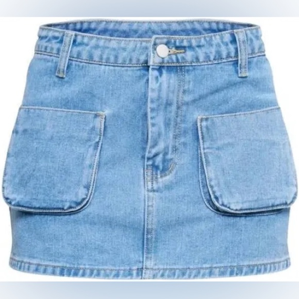 NWT PLT Light Blue Wash Cargo Pocket Front Denim Mini Skirt Y2K micro vintage - Picture 2 of 6